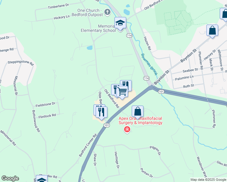 map of restaurants, bars, coffee shops, grocery stores, and more near 5 Corporate Drive in Bedford
