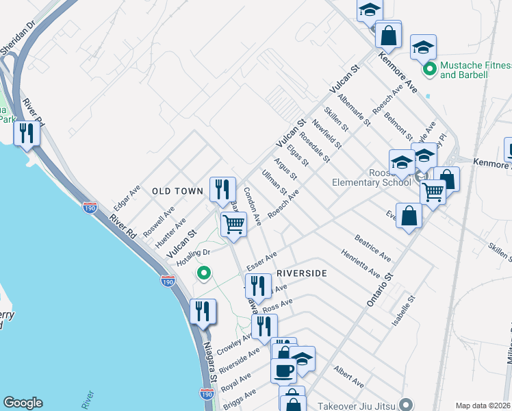map of restaurants, bars, coffee shops, grocery stores, and more near 105 Eckhert Street in Buffalo