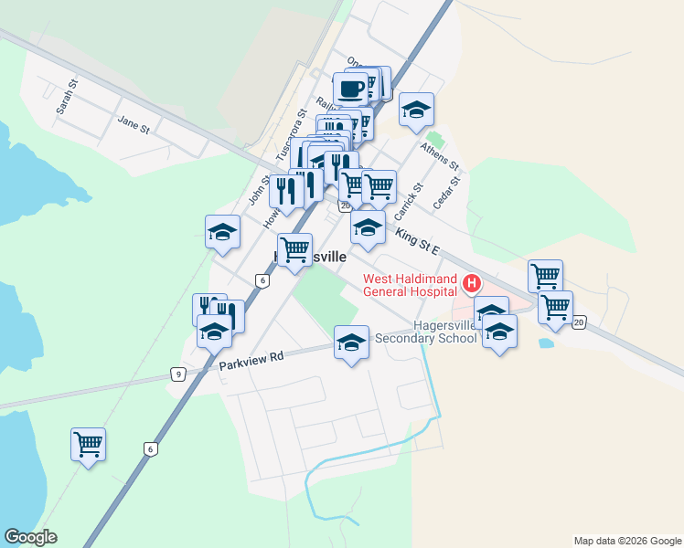 map of restaurants, bars, coffee shops, grocery stores, and more near 19 Sherring Street South in Jarvis