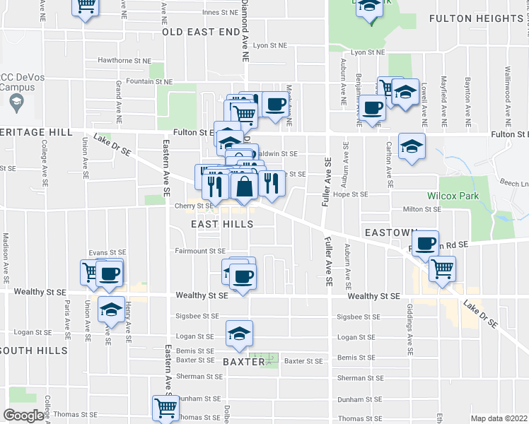 map of restaurants, bars, coffee shops, grocery stores, and more near 1024 Lake Drive Southeast in Grand Rapids