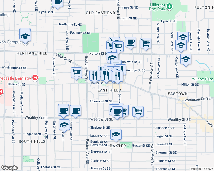 map of restaurants, bars, coffee shops, grocery stores, and more near 912 Lake Drive Southeast in Grand Rapids