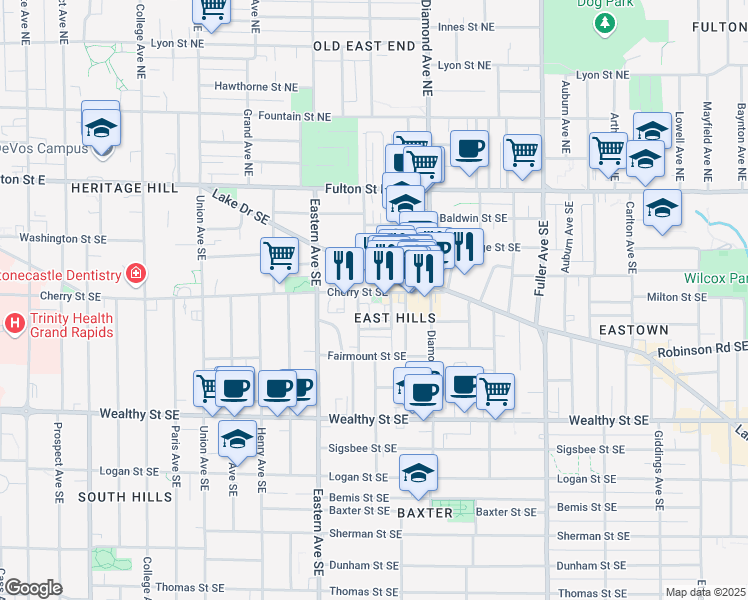 map of restaurants, bars, coffee shops, grocery stores, and more near 920 Cherry Street Southeast in Grand Rapids
