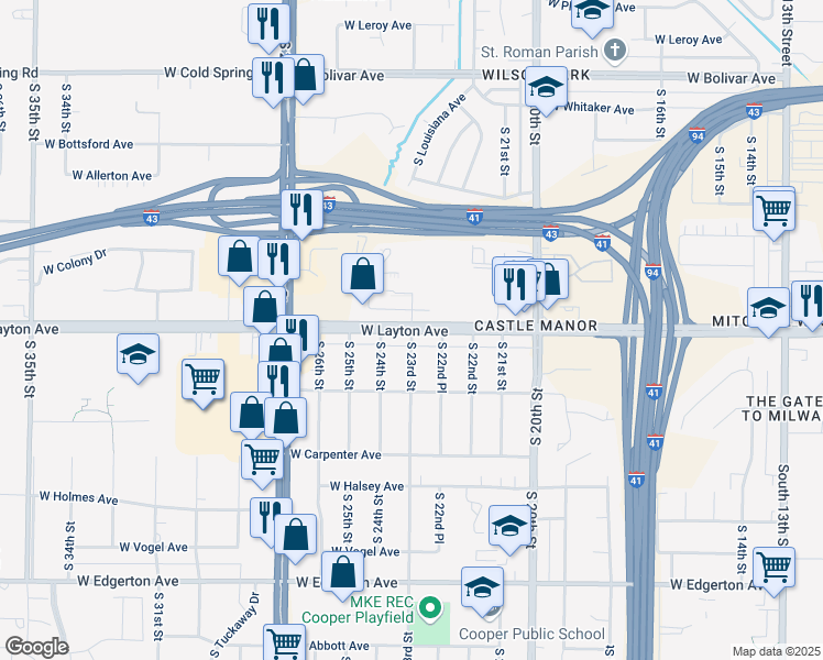 map of restaurants, bars, coffee shops, grocery stores, and more near West Layton Avenue & South 23rd Street in Milwaukee