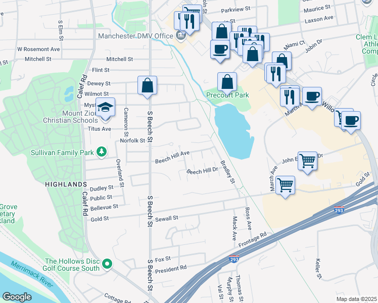 map of restaurants, bars, coffee shops, grocery stores, and more near 566 Titus Avenue in Manchester