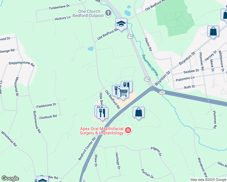 map of restaurants, bars, coffee shops, grocery stores, and more near 5 Corporate Drive in Bedford