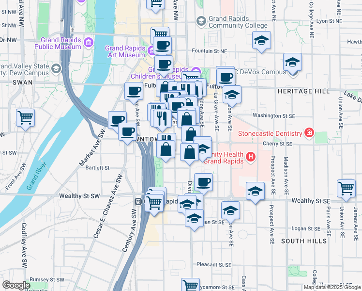map of restaurants, bars, coffee shops, grocery stores, and more near 172 South Division Avenue in Grand Rapids
