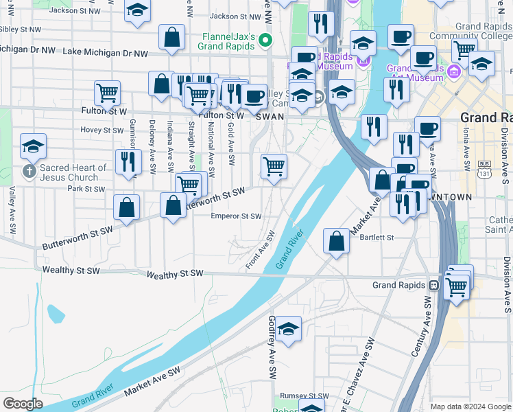 map of restaurants, bars, coffee shops, grocery stores, and more near 612 Butterworth Street Southwest in Grand Rapids