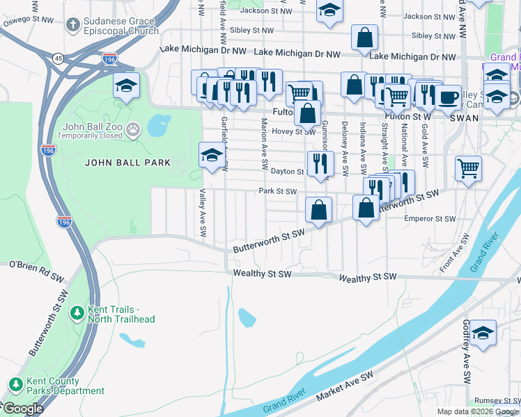 map of restaurants, bars, coffee shops, grocery stores, and more near 1100 Park Street Southwest in Grand Rapids