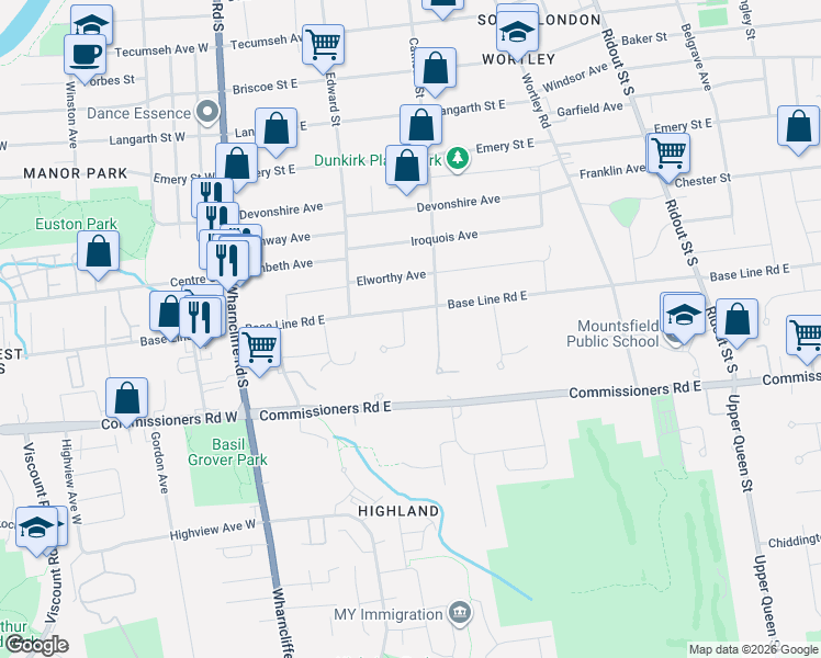 map of restaurants, bars, coffee shops, grocery stores, and more near 119 Base Line Road East in London