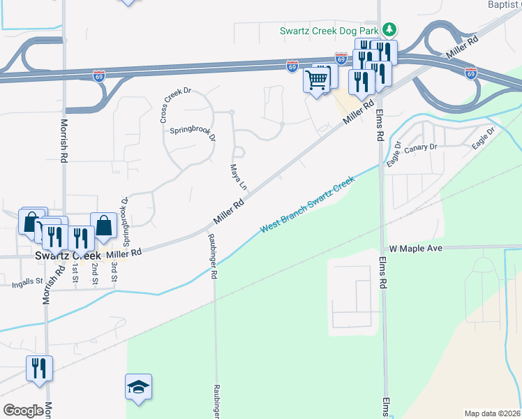 map of restaurants, bars, coffee shops, grocery stores, and more near 7241 Miller Road in Swartz Creek