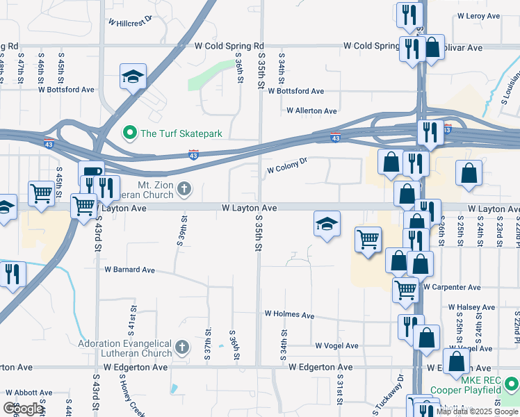map of restaurants, bars, coffee shops, grocery stores, and more near W Layton Ave & S 35th St in Greenfield