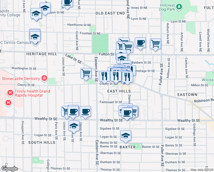 map of restaurants, bars, coffee shops, grocery stores, and more near 838 Cherry Street Southeast in Grand Rapids