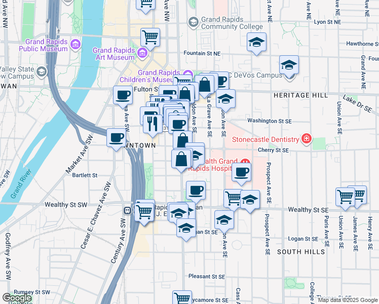 map of restaurants, bars, coffee shops, grocery stores, and more near 114 Sheldon Boulevard Southeast in Grand Rapids