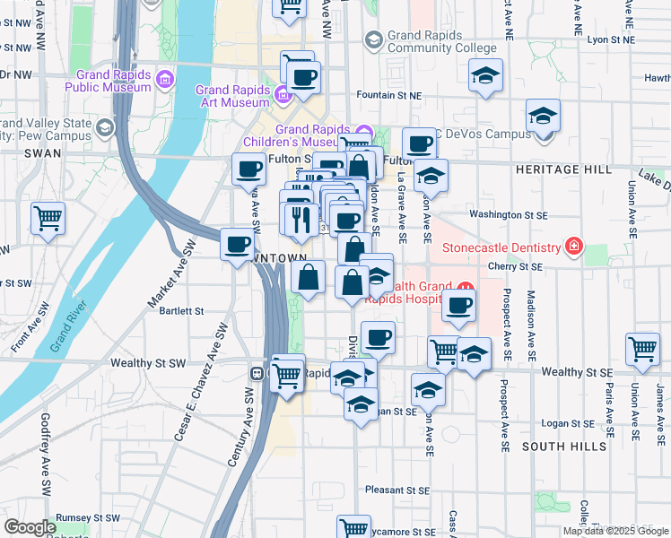 map of restaurants, bars, coffee shops, grocery stores, and more near 26 Cherry Street Southwest in Grand Rapids
