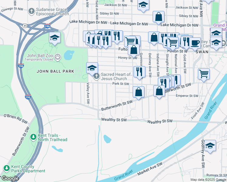 map of restaurants, bars, coffee shops, grocery stores, and more near 1100 Park Street Southwest in Grand Rapids