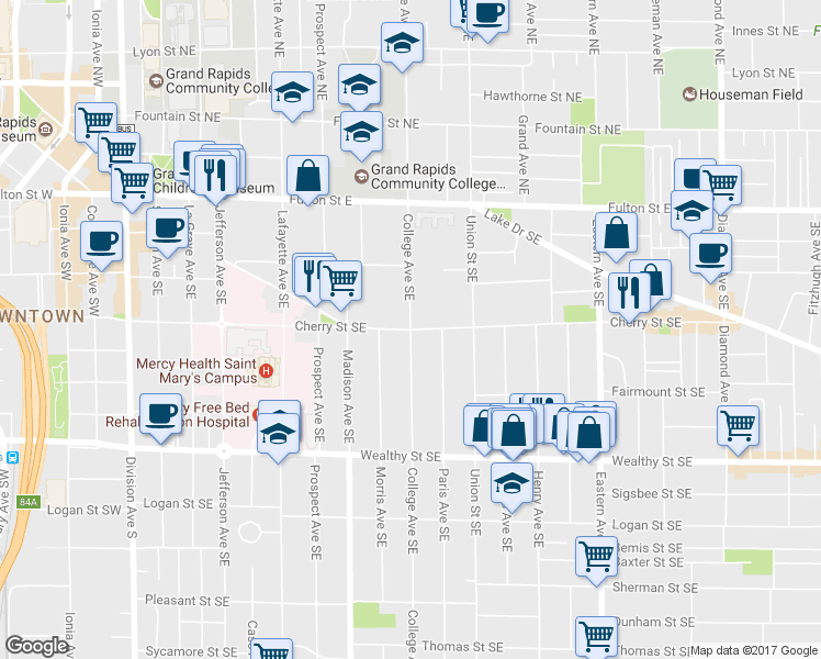 map of restaurants, bars, coffee shops, grocery stores, and more near College Ave SE & Cherry St SE in Grand Rapids