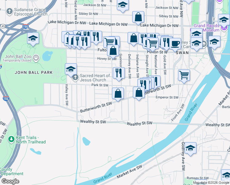 map of restaurants, bars, coffee shops, grocery stores, and more near 951 Park Street Southwest in Grand Rapids
