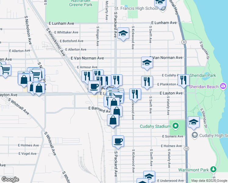 map of restaurants, bars, coffee shops, grocery stores, and more near in Cudahy