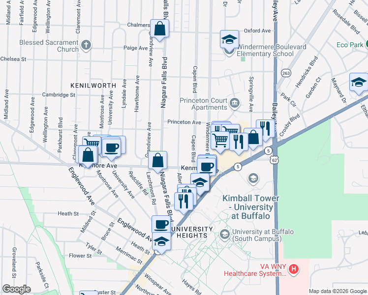 map of restaurants, bars, coffee shops, grocery stores, and more near 163 Allenhurst Road in Buffalo