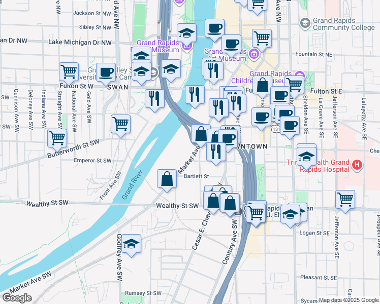 map of restaurants, bars, coffee shops, grocery stores, and more near 201 Market Avenue Southwest in Grand Rapids
