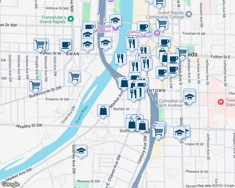 map of restaurants, bars, coffee shops, grocery stores, and more near 201 Market Avenue Southwest in Grand Rapids