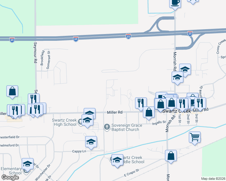 map of restaurants, bars, coffee shops, grocery stores, and more near Windsor Court in Swartz Creek