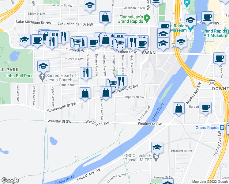 map of restaurants, bars, coffee shops, grocery stores, and more near Butterworth St SW & Straight Ave SW in Grand Rapids