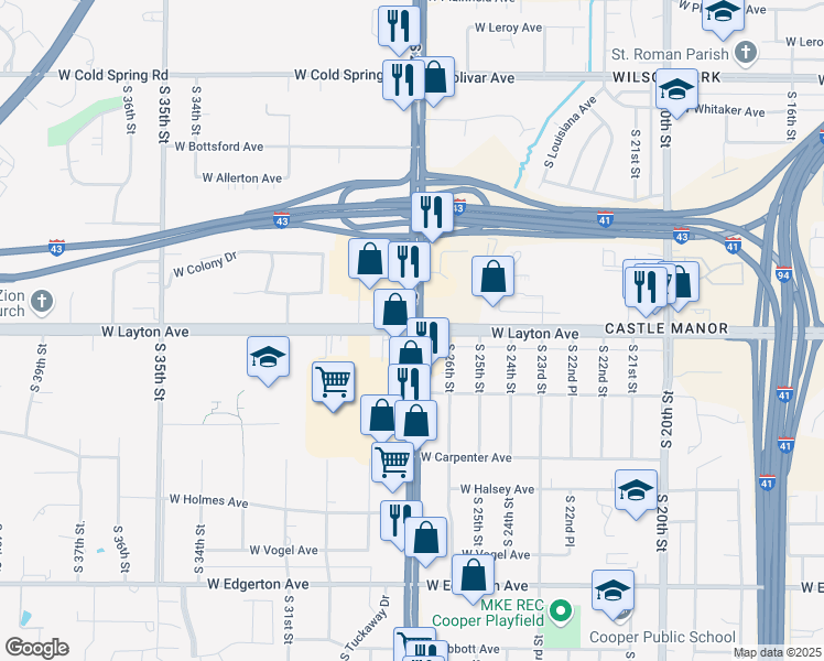 map of restaurants, bars, coffee shops, grocery stores, and more near 4777 South 27th Street in Greenfield