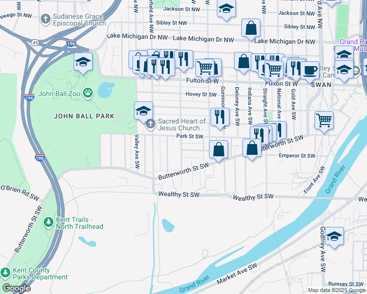 map of restaurants, bars, coffee shops, grocery stores, and more near 1057 Pulawski Street Southwest in Grand Rapids