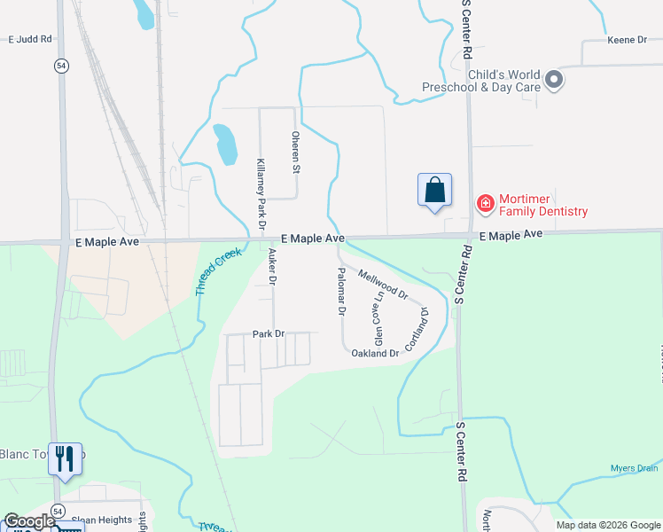map of restaurants, bars, coffee shops, grocery stores, and more near 3326 East Maple Avenue in Flint