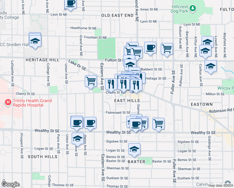 map of restaurants, bars, coffee shops, grocery stores, and more near 912 Lake Drive Southeast in Grand Rapids