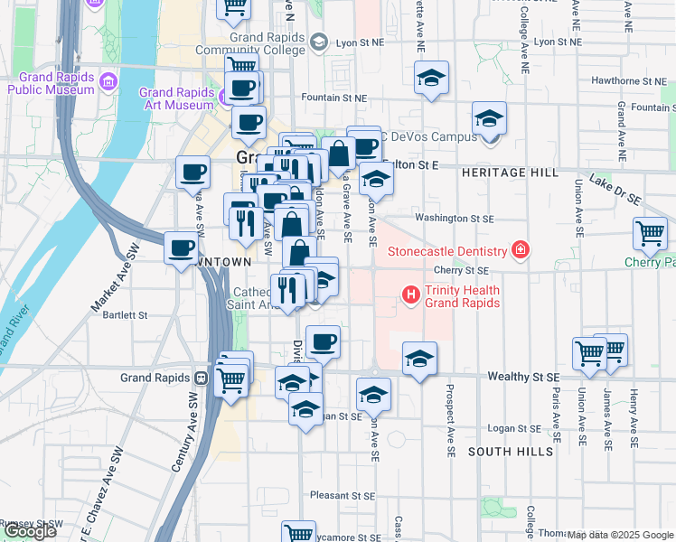 map of restaurants, bars, coffee shops, grocery stores, and more near 114 Sheldon Boulevard Southeast in Grand Rapids