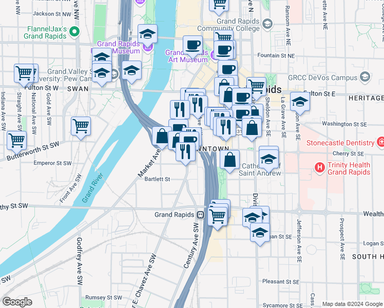 map of restaurants, bars, coffee shops, grocery stores, and more near 143 Cherry Street Southwest in Grand Rapids