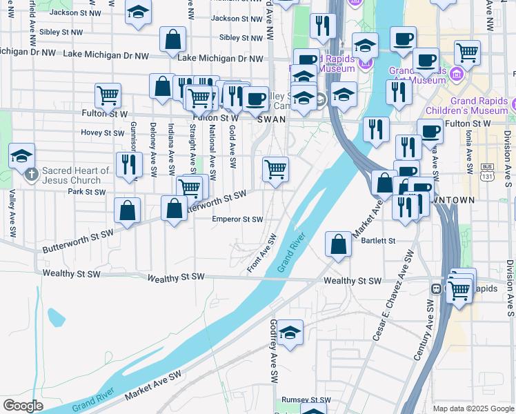 map of restaurants, bars, coffee shops, grocery stores, and more near 612 Butterworth Street Southwest in Grand Rapids