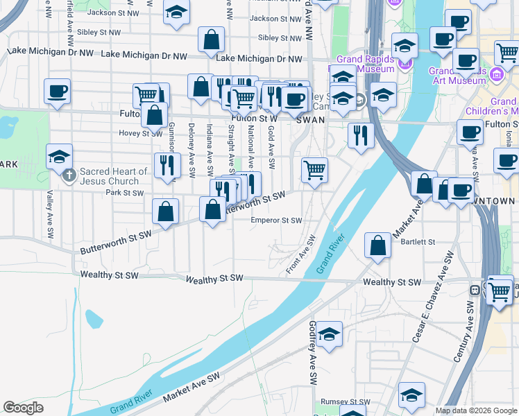 map of restaurants, bars, coffee shops, grocery stores, and more near 156 National Avenue Southwest in Grand Rapids