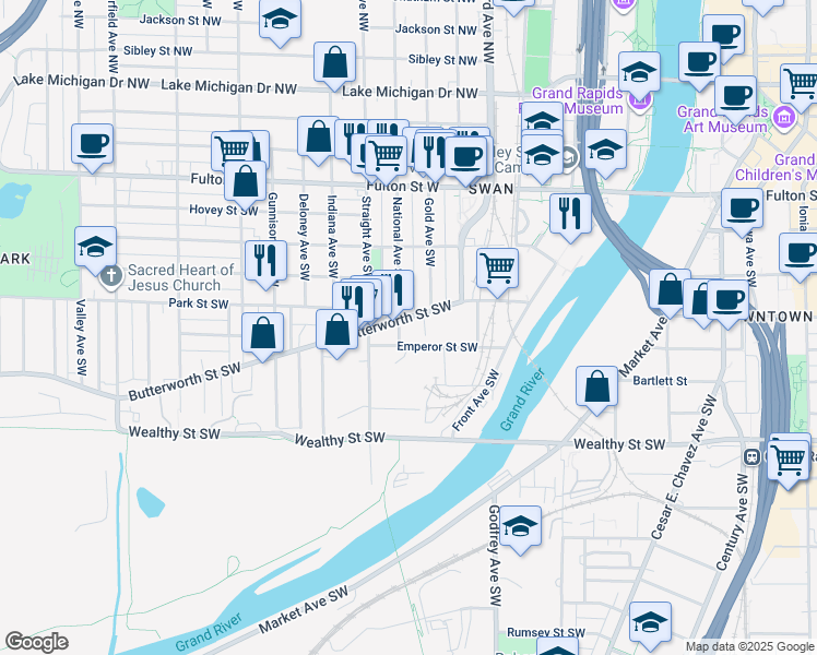 map of restaurants, bars, coffee shops, grocery stores, and more near 156 National Avenue Southwest in Grand Rapids