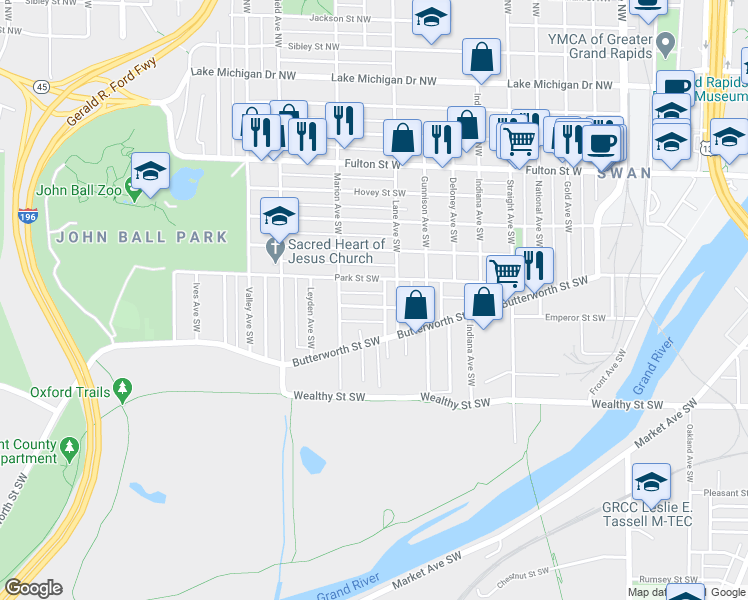 map of restaurants, bars, coffee shops, grocery stores, and more near 1028 Park Street Southwest in Grand Rapids