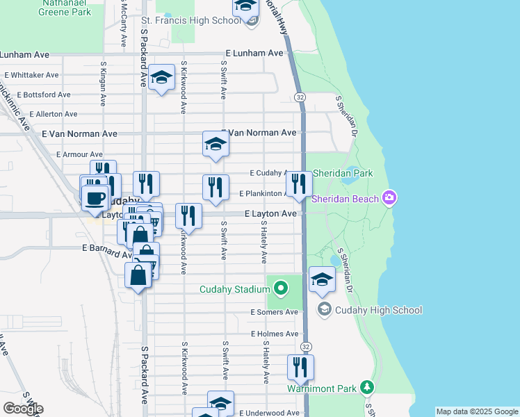 map of restaurants, bars, coffee shops, grocery stores, and more near 3851 East Plankinton Avenue in Cudahy