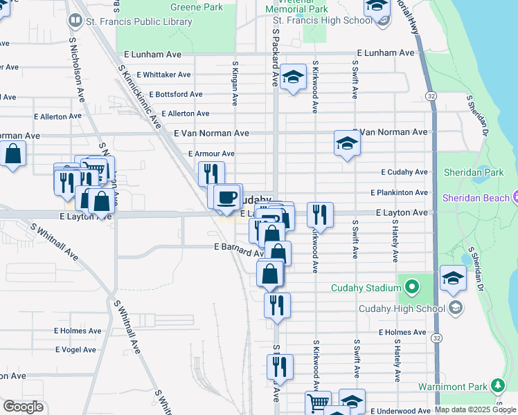 map of restaurants, bars, coffee shops, grocery stores, and more near in Cudahy