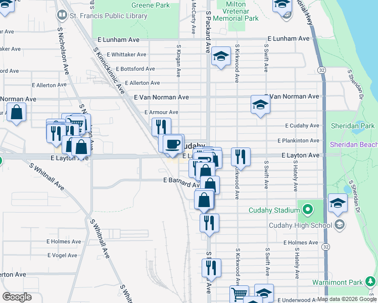 map of restaurants, bars, coffee shops, grocery stores, and more near in Cudahy