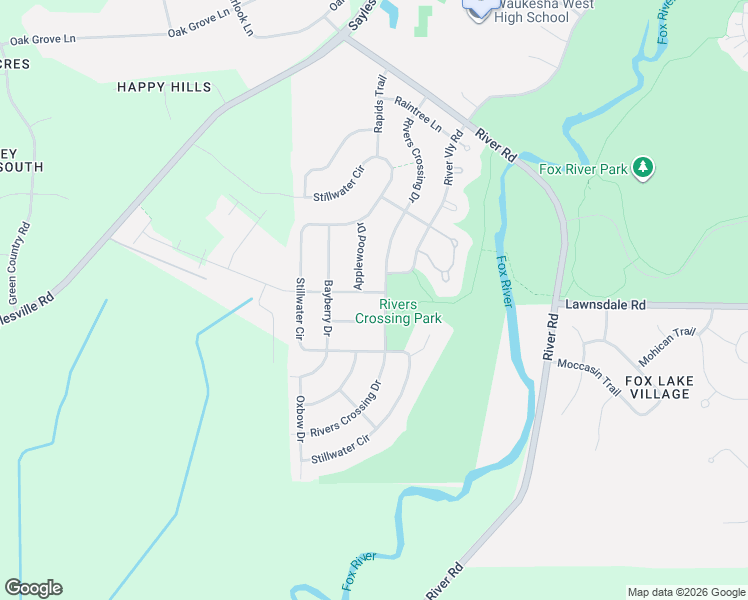 map of restaurants, bars, coffee shops, grocery stores, and more near 3646 Rivers Crossing Drive in Waukesha
