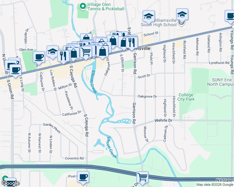 map of restaurants, bars, coffee shops, grocery stores, and more near 194 Oakgrove Drive in Buffalo