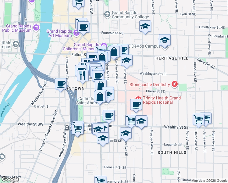 map of restaurants, bars, coffee shops, grocery stores, and more near 201 La Grave Avenue Southeast in Grand Rapids
