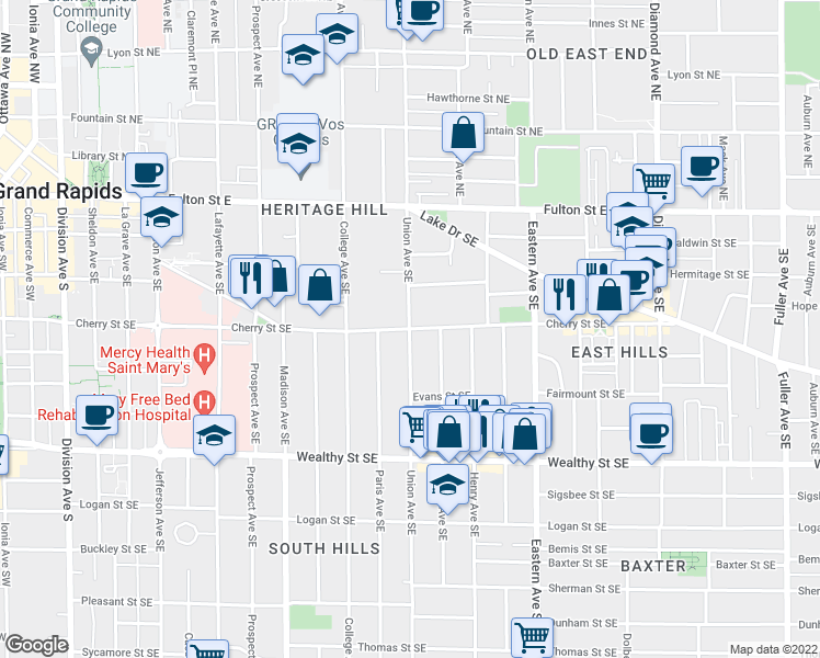 map of restaurants, bars, coffee shops, grocery stores, and more near Union Ave SE & Cherry St SE in Grand Rapids