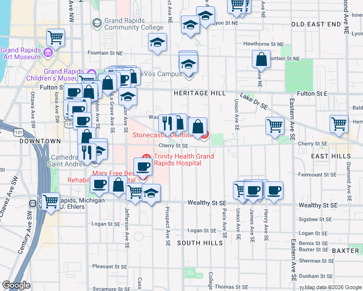 map of restaurants, bars, coffee shops, grocery stores, and more near Madison Ave SE & Cherry St SE in Grand Rapids