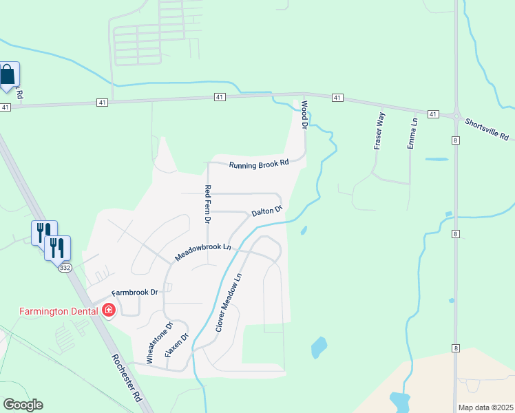 map of restaurants, bars, coffee shops, grocery stores, and more near 5745 Dalton Drive in Farmington