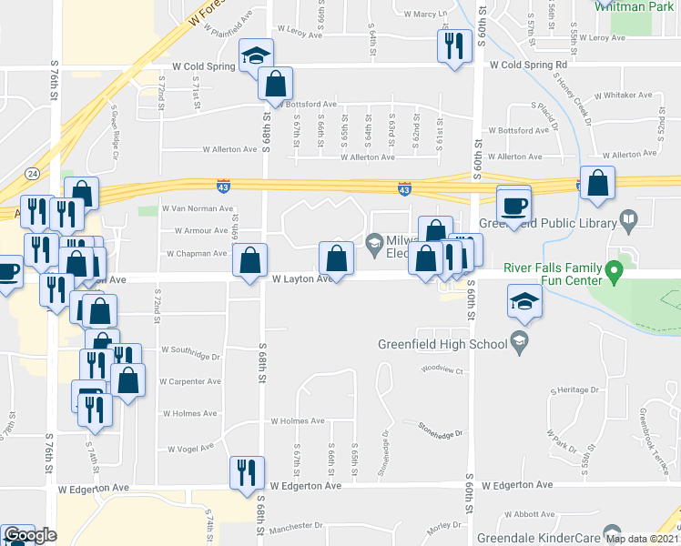map of restaurants, bars, coffee shops, grocery stores, and more near 6416 West Layton Avenue in Greenfield