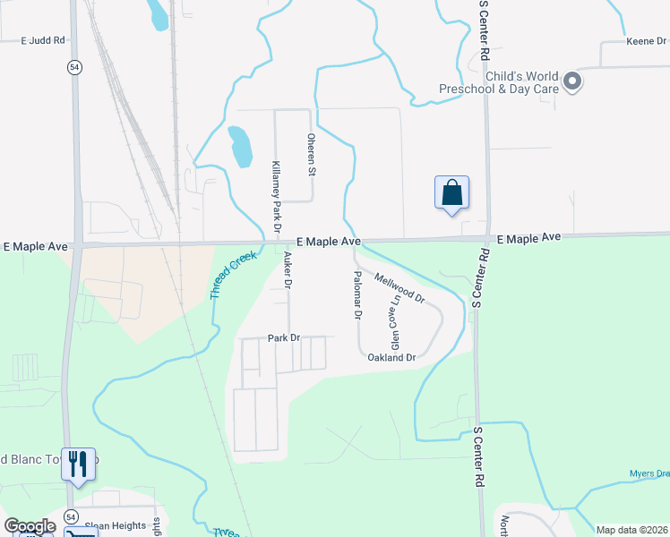 map of restaurants, bars, coffee shops, grocery stores, and more near 3326 East Maple Avenue in Flint
