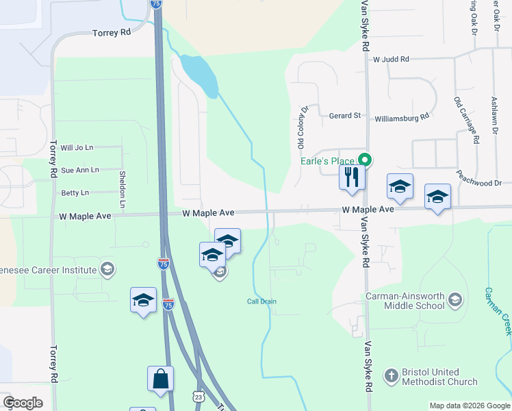 map of restaurants, bars, coffee shops, grocery stores, and more near 2190 West Maple Avenue in Flint