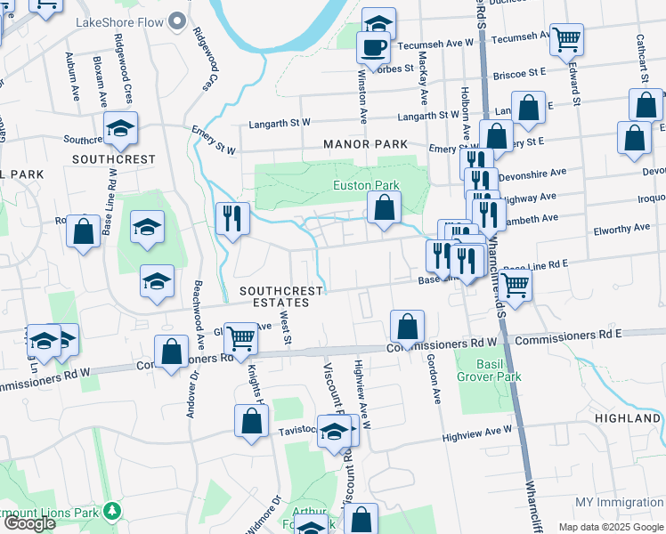 map of restaurants, bars, coffee shops, grocery stores, and more near 112 Base Line Road West in London